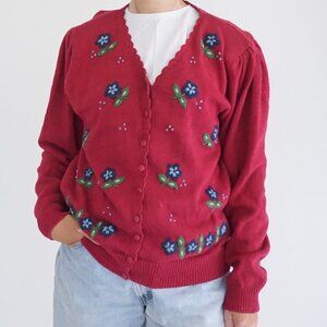 Vintage OHI Red Knit Floral Embroidered Cardigan Grandmacore Cottagecore L
